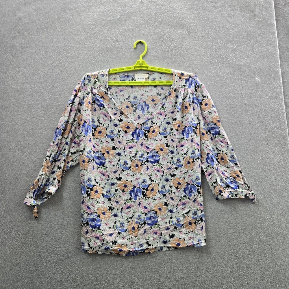 Cynthia Rowley Women Blouse 2X Multicolor Floral Button V-Neck Front Artsy‎